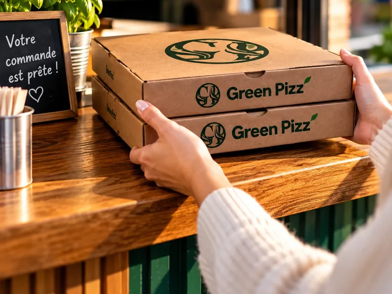 Deux boîtes Green Pizz’ prêtes, récupérées au comptoir du camion